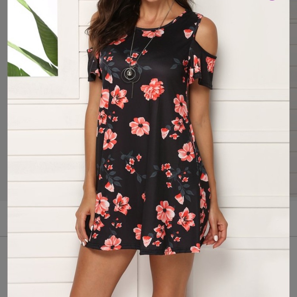 NEW Badasha Black Lotus Cold Shoulder Dress sz M
